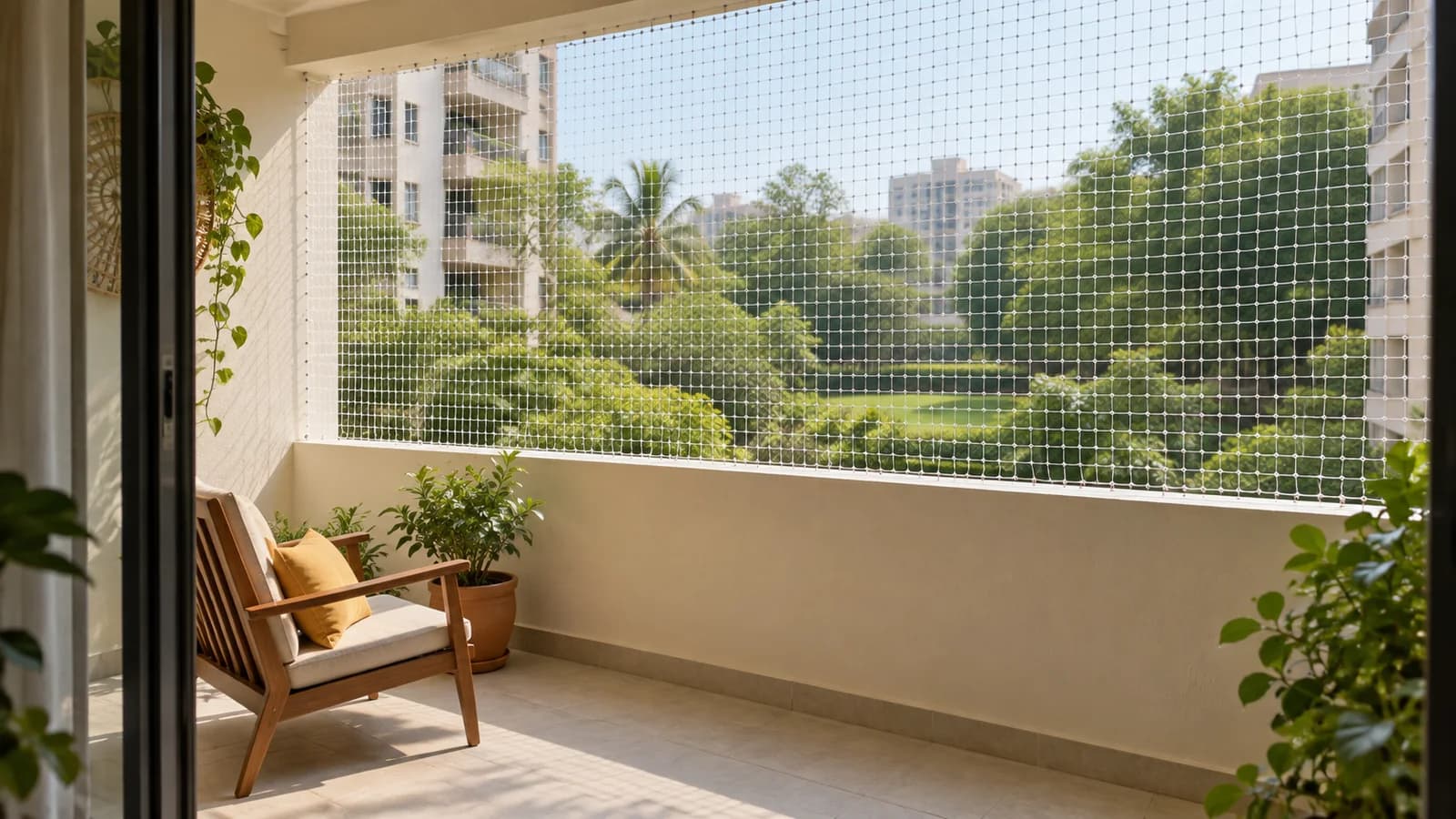 Illustrative apartment balcony with a fitted safety net and an open city view