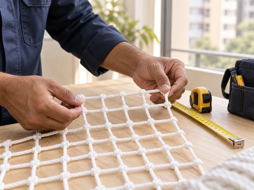 Illustrative close-up of hands checking a net sample and measurements on a workbench