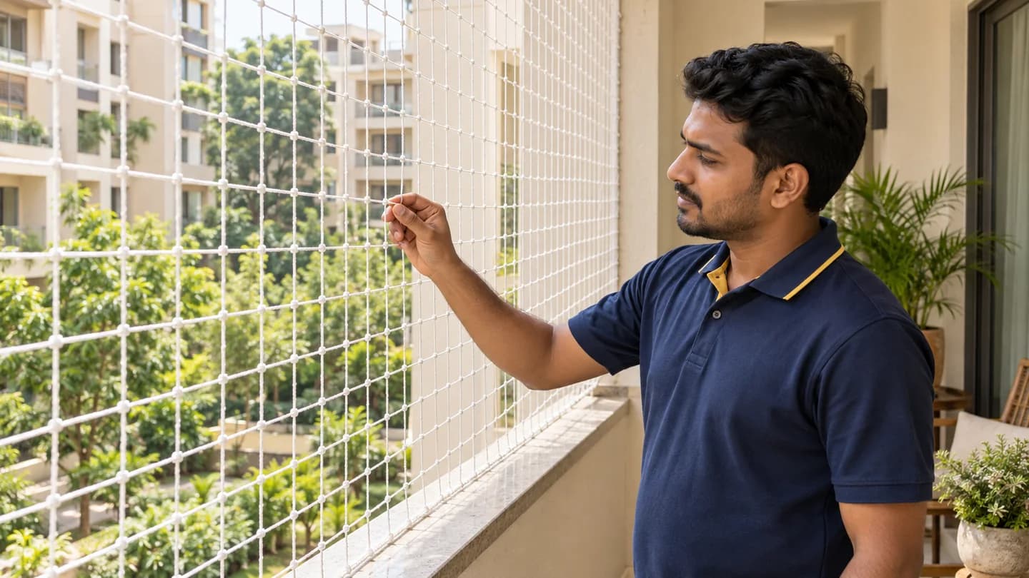 Illustrative scene of a technician checking a balcony safety net