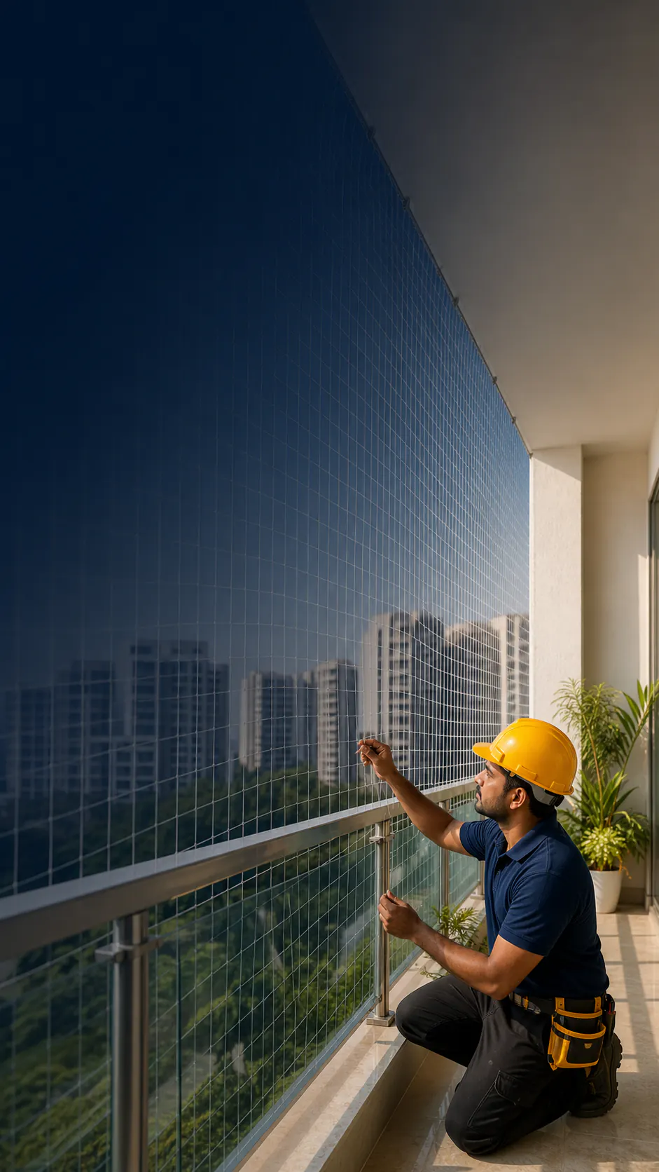 Technician measuring a safety-net opening on an apartment balcony