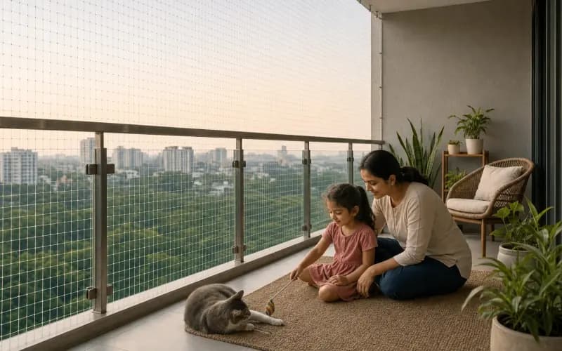 Illustrative mother and child sitting with a cat on a balcony fitted with safety netting