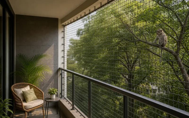 Illustrative balcony with dark netting and a monkey on a tree branch beyond the opening