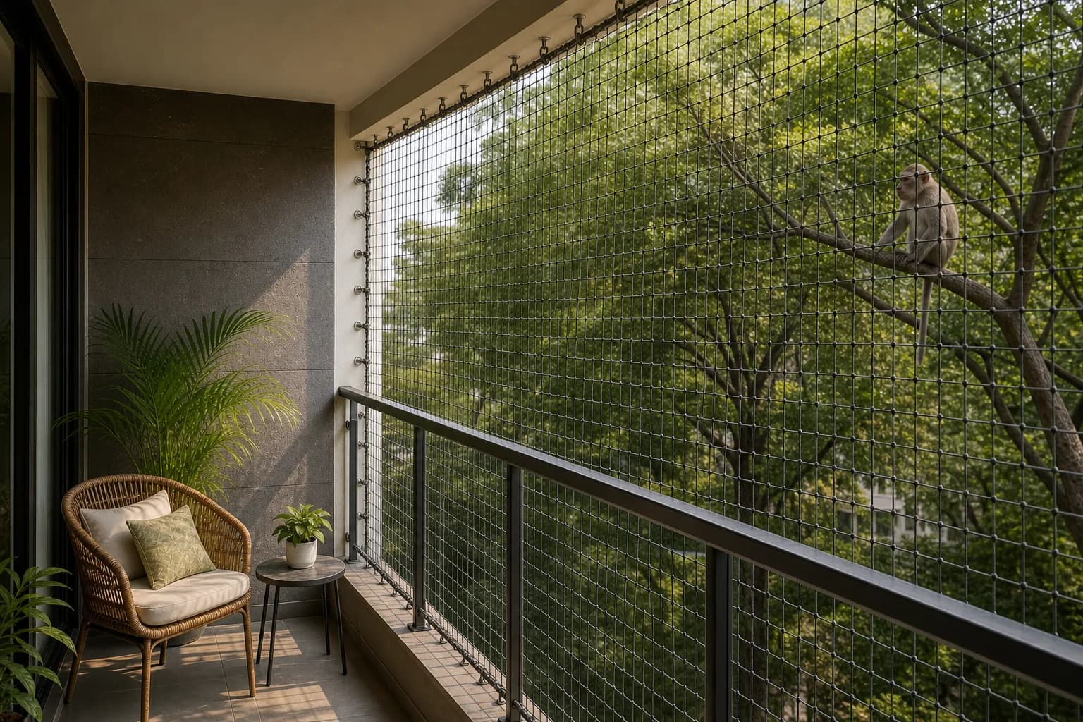 Illustrative balcony with a net barrier and a monkey on a tree outside