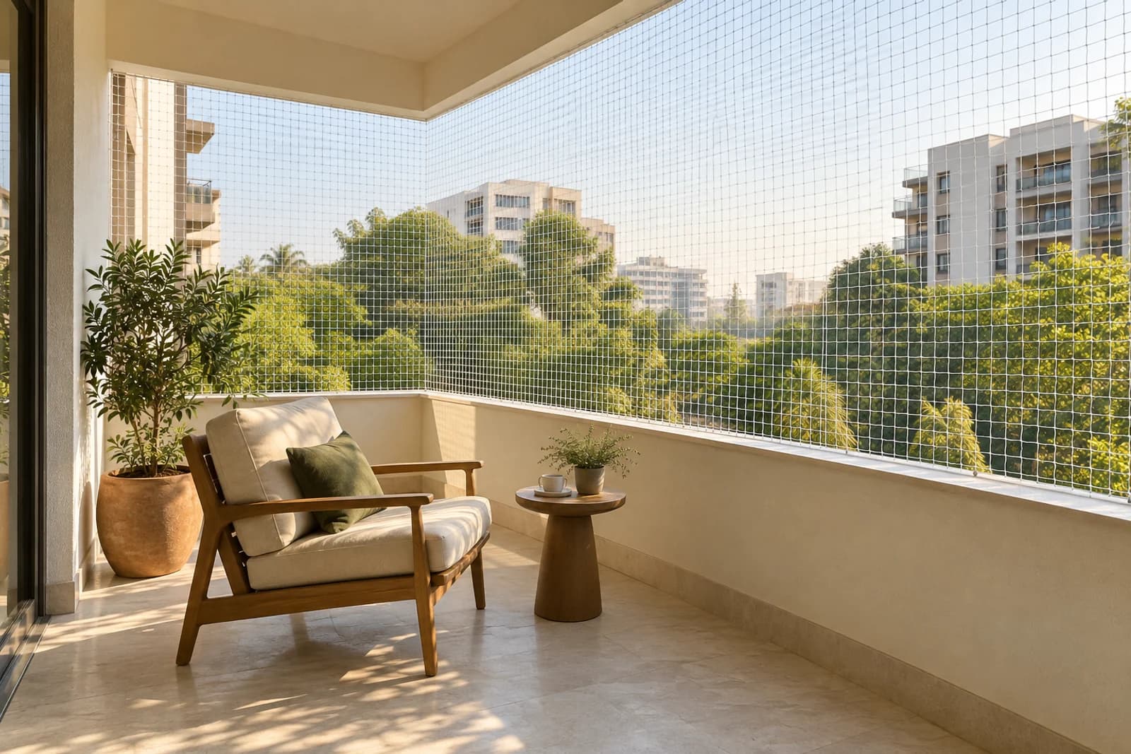 Illustrative sunlit apartment balcony with a fitted safety net, plants and an open city view