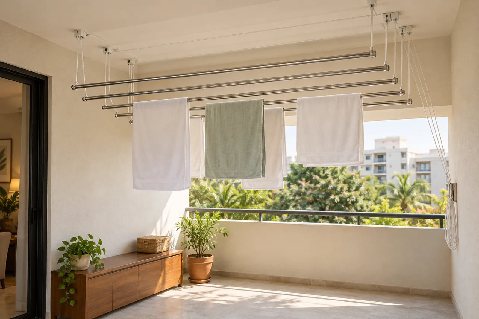 Illustrative utility balcony with a ceiling-mounted clothes drying system