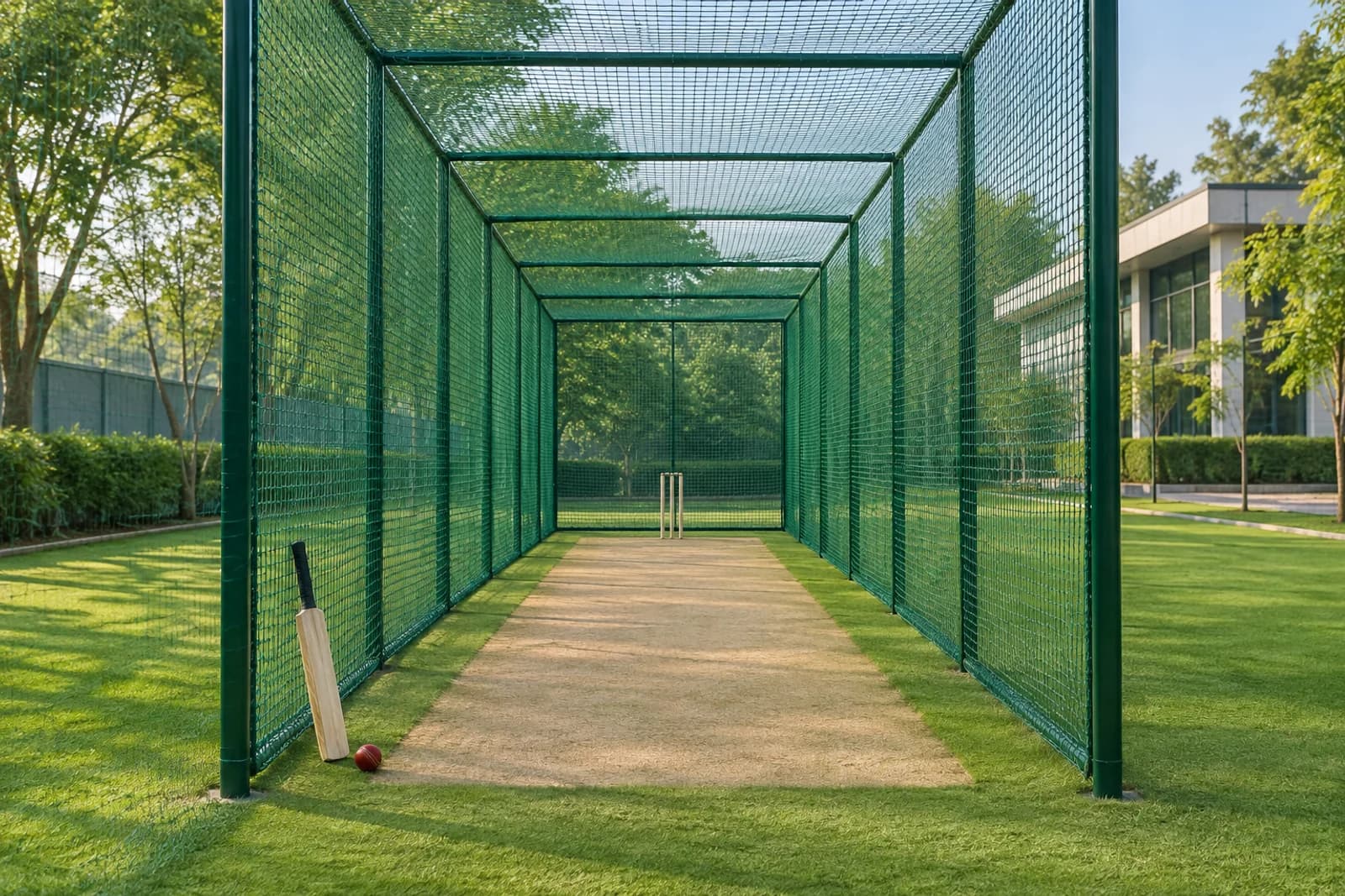 Illustrative outdoor cricket practice lane enclosed with side and overhead netting