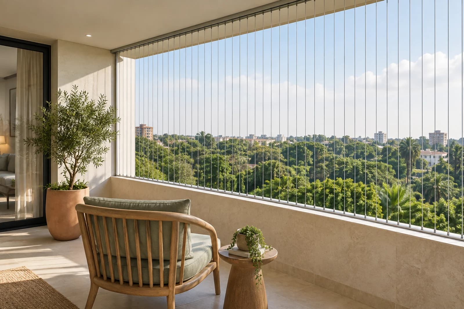 Illustrative modern balcony with slim vertical invisible grill cables