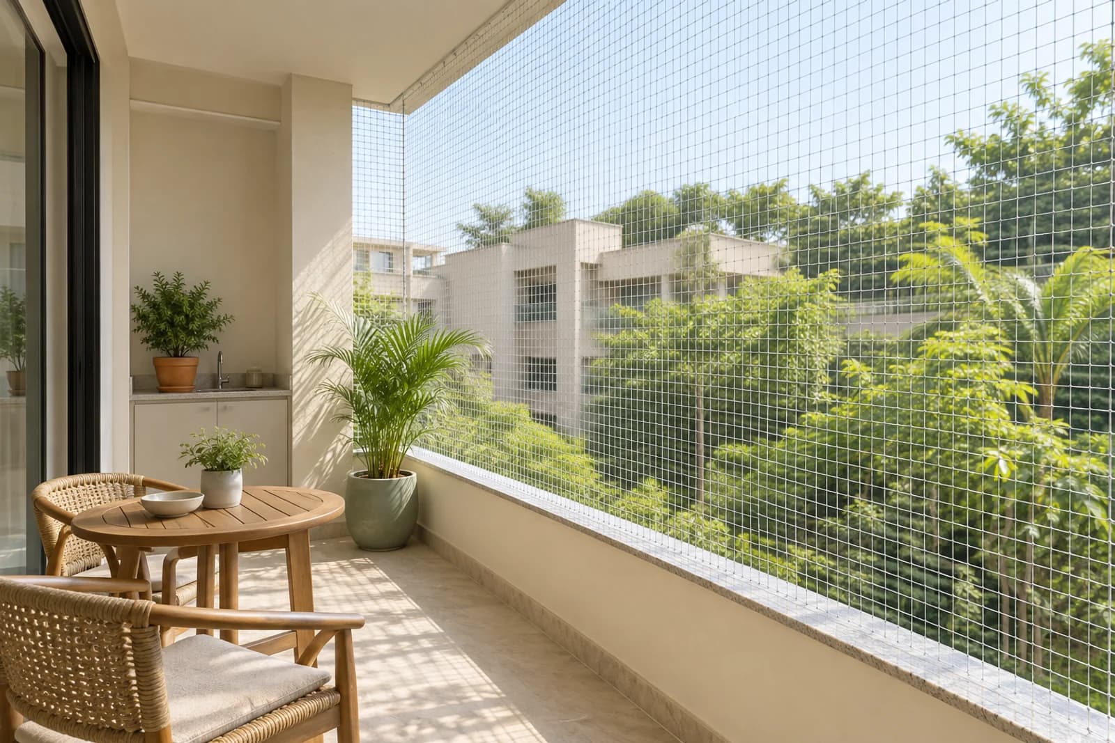 Illustrative apartment balcony with fine bird netting across the opening