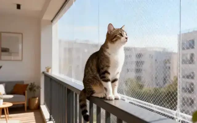 Cat sitting on a balcony railing beside fitted white netting