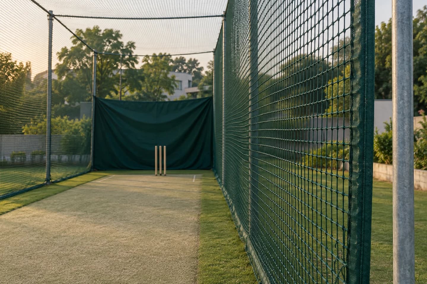 Illustrated cricket practice lane with side mesh, bordered seam and batter-end curtain