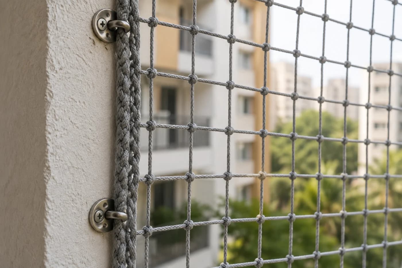 Illustration of a knotted net border and metal eye fittings against a balcony side wall