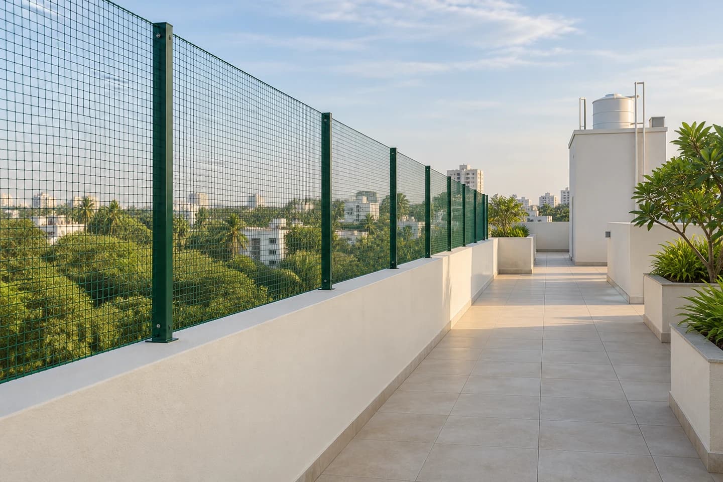 Illustrated rooftop parapet netting beside a clear service walkway