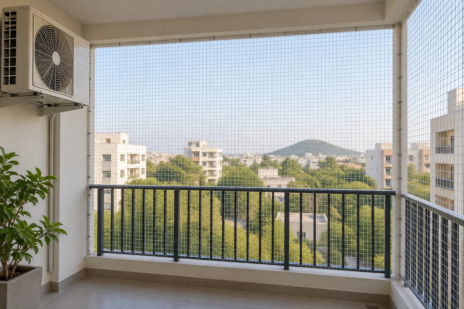 Illustration of pigeon mesh enclosing an inland apartment utility balcony