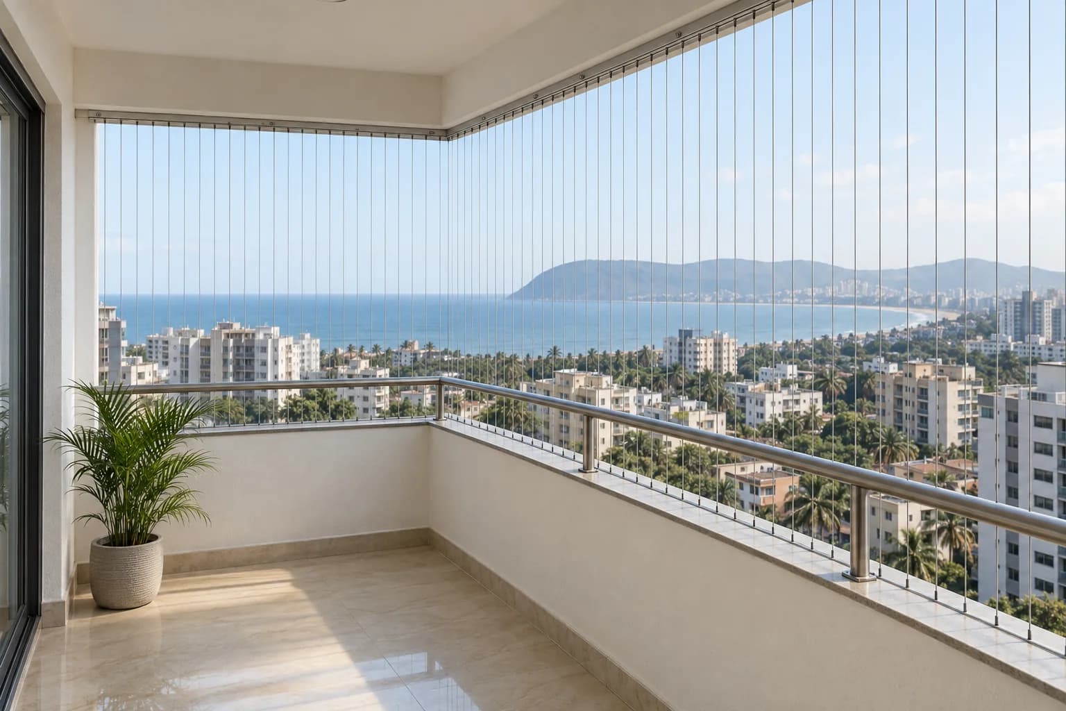 Concept illustration of vertical invisible-grill cables around a coastal apartment balcony