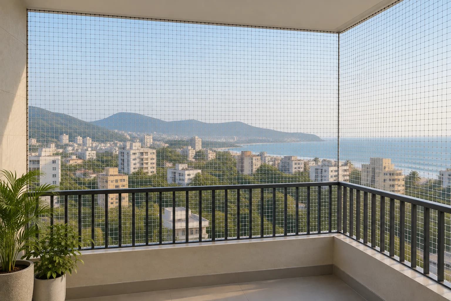 Illustration of fine pigeon netting across a coastal apartment balcony