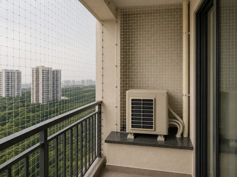 Bird ledge mesh around an AC ledge and high-rise utility balcony in SNN Clermont Bangalore