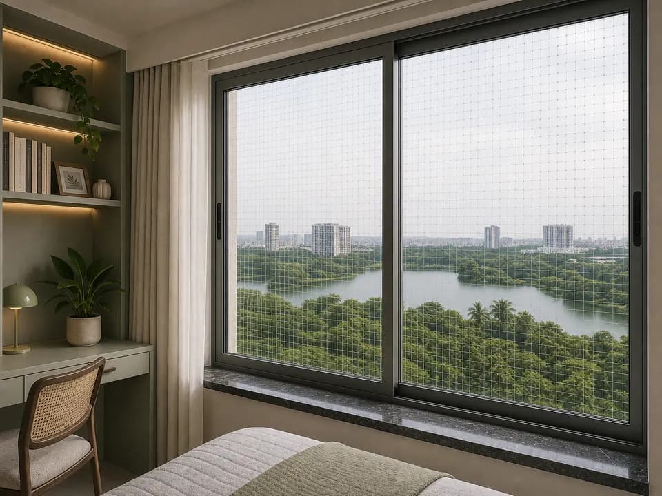 Window-frame mesh inside a calm lake-view apartment room in SNN Clermont Bangalore