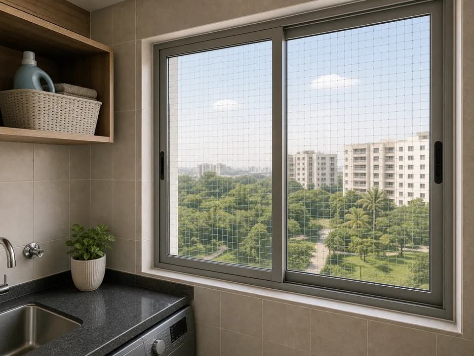 Window-frame mesh fitted on a high-rise apartment window in Sobha City Bangalore
