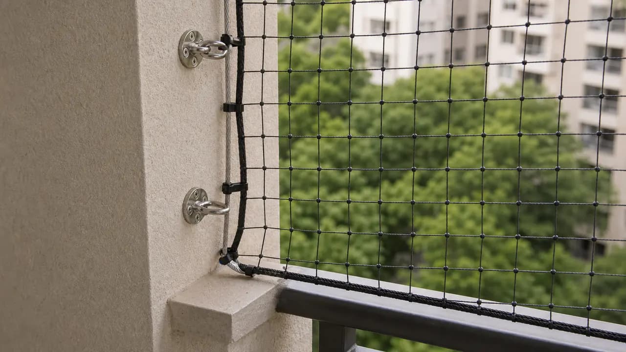 Illustrative dark bird net border fixed beside a balcony wall