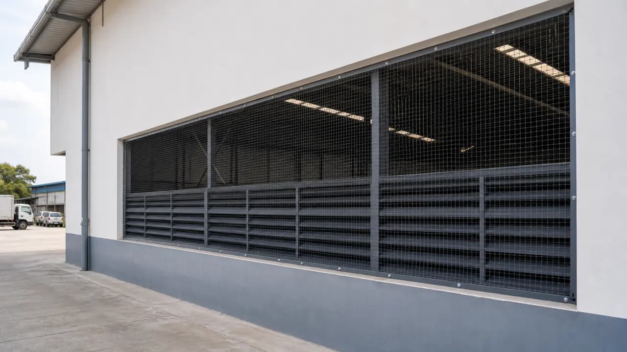 Illustrative warehouse ventilation opening with bird netting