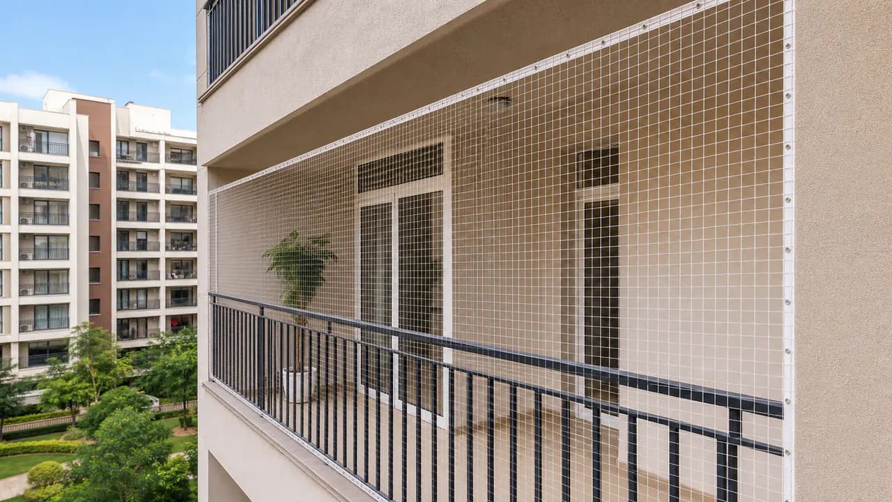 Real full span balcony safety net installation viewed from outside
