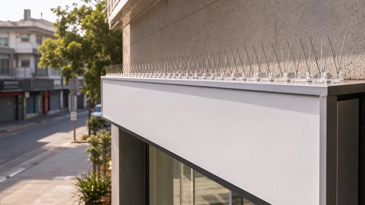 Illustrative bird spikes above a shopfront sign