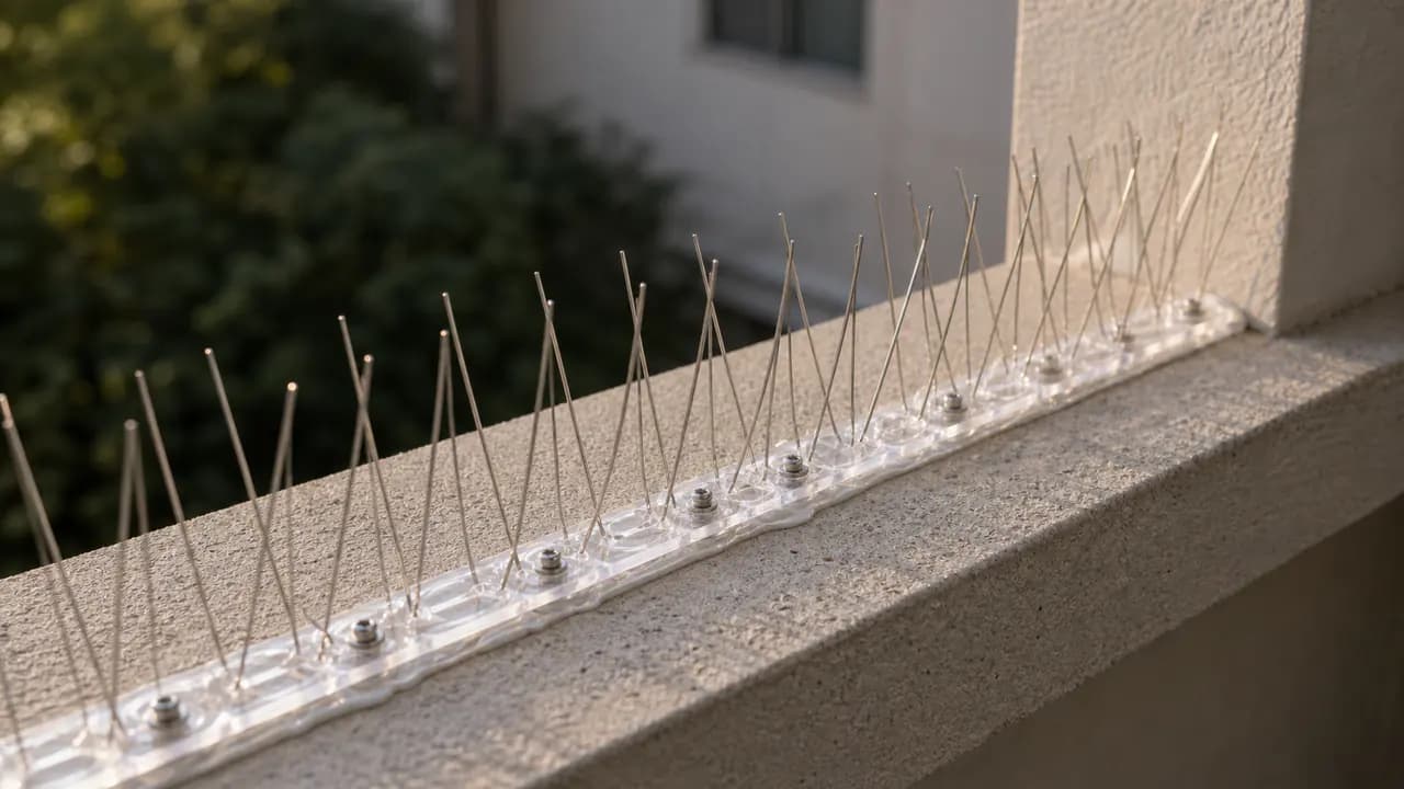 Illustrative metal bird spikes mounted in a clear base