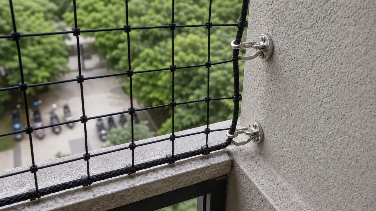Illustrative net border and fittings beside a wall