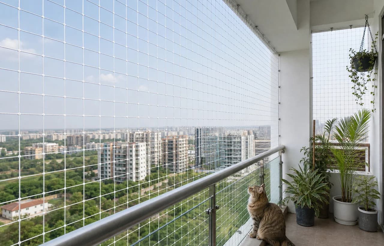 Illustration of a cat beside balcony netting and a retained metal guardrail