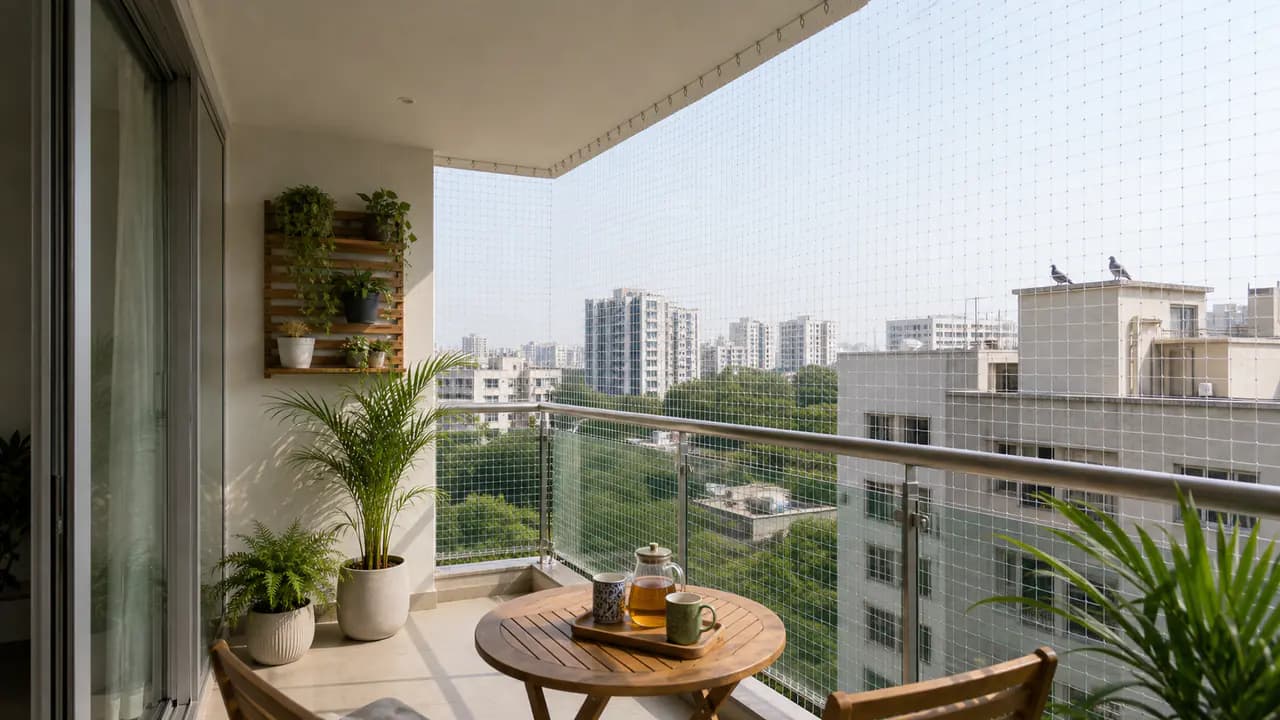 Real clean balcony protected with pigeon safety net