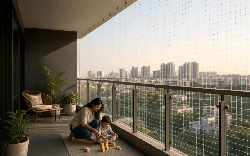 Balcony Safety Nets installation option shown in a finished space