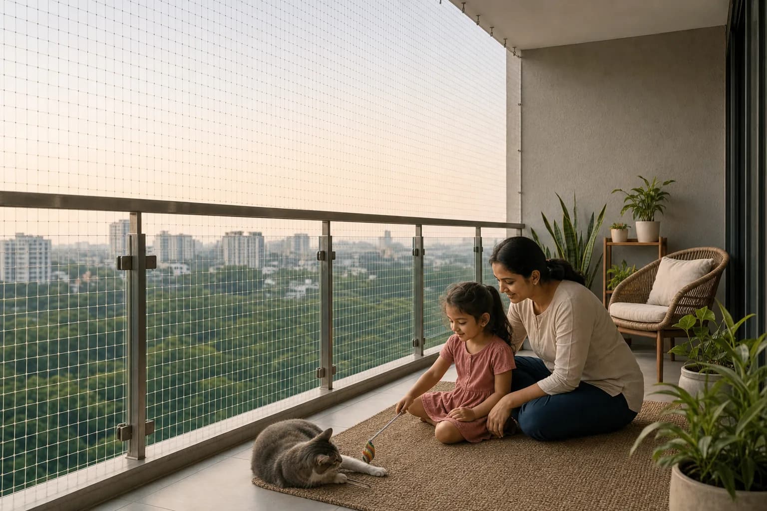Illustration of an adult supervising a child on a netted balcony with an existing glass guardrail