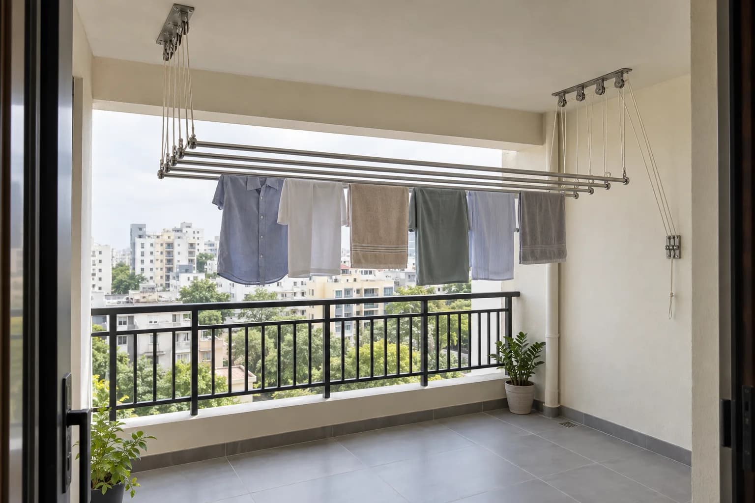 Illustration of a ceiling pulley clothes hanger with spaced laundry in an inland apartment utility balcony
