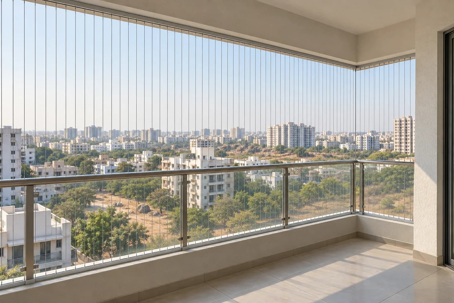 Reference illustration of vertical invisible-grill cables inside a Hyderabad-style urban balcony with its structural glass railing retained
