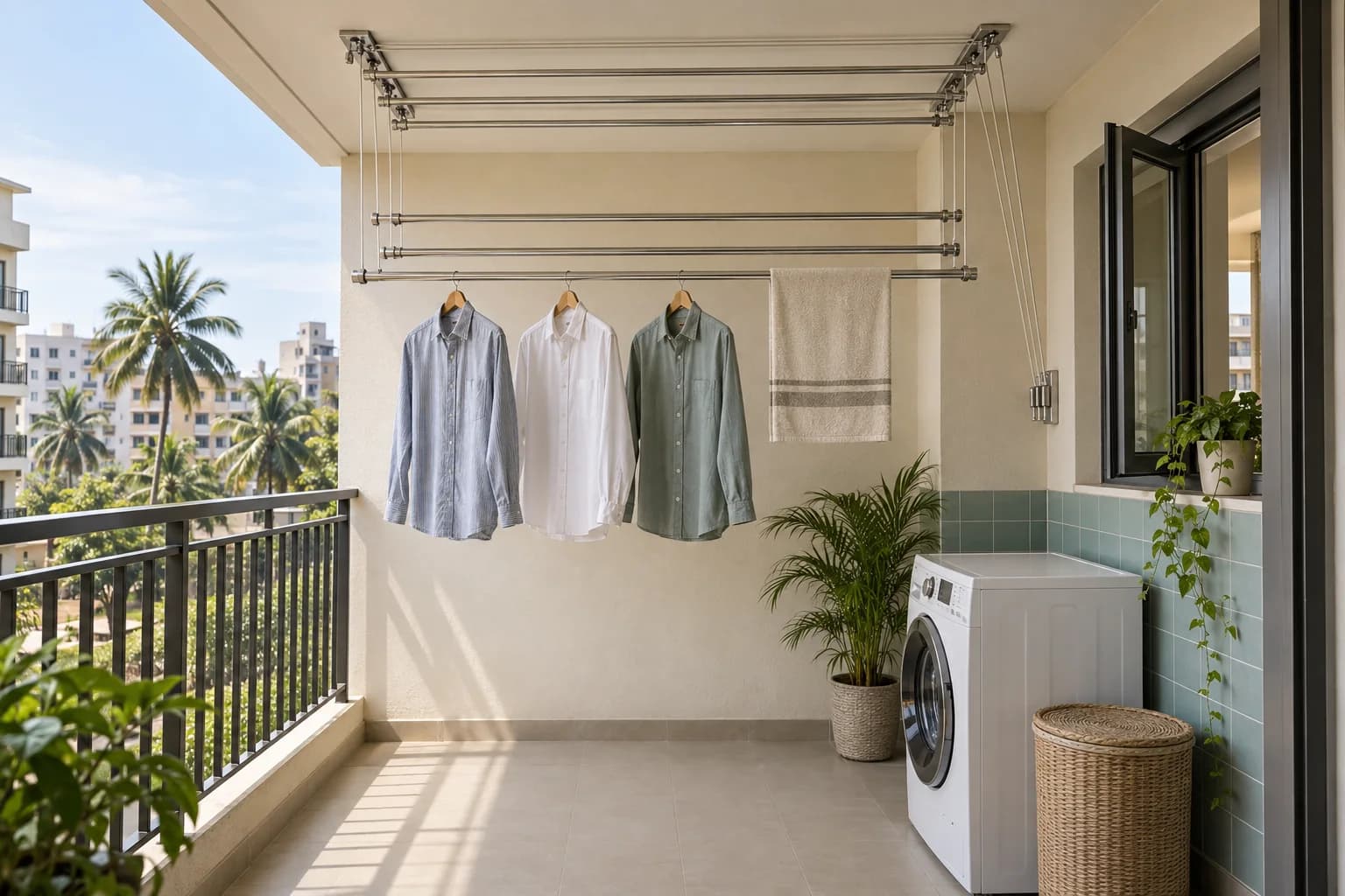 Ceiling pulley clothes hanger in a covered utility balcony with laundry above a clear floor