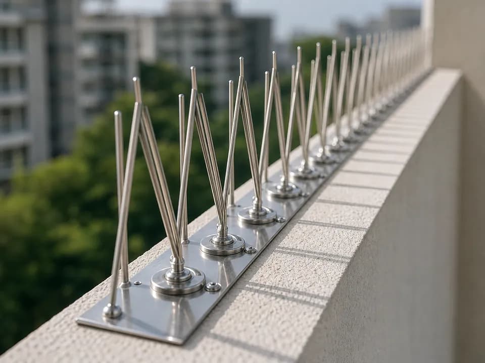 Stainless bird spikes installed on a narrow apartment ledge