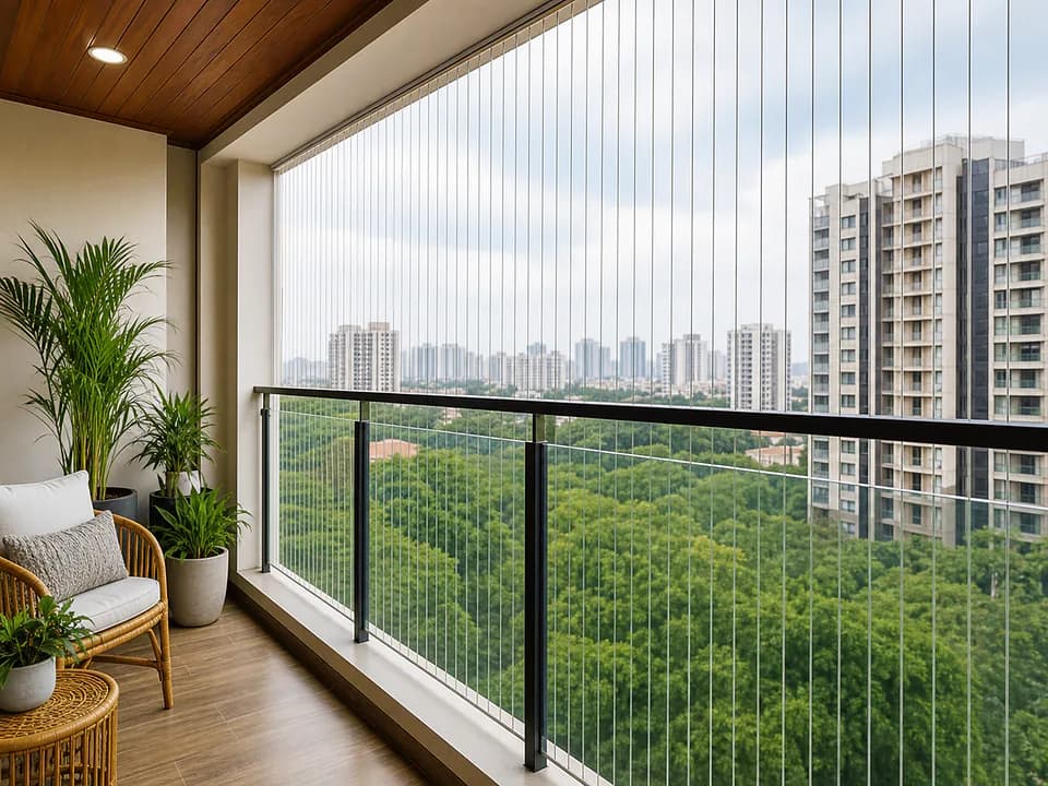 Invisible grill installation across an apartment balcony opening