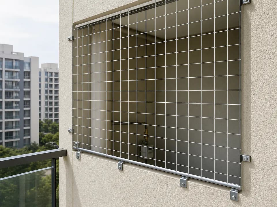 Pigeon control net and ledge protection on a Bangalore apartment building