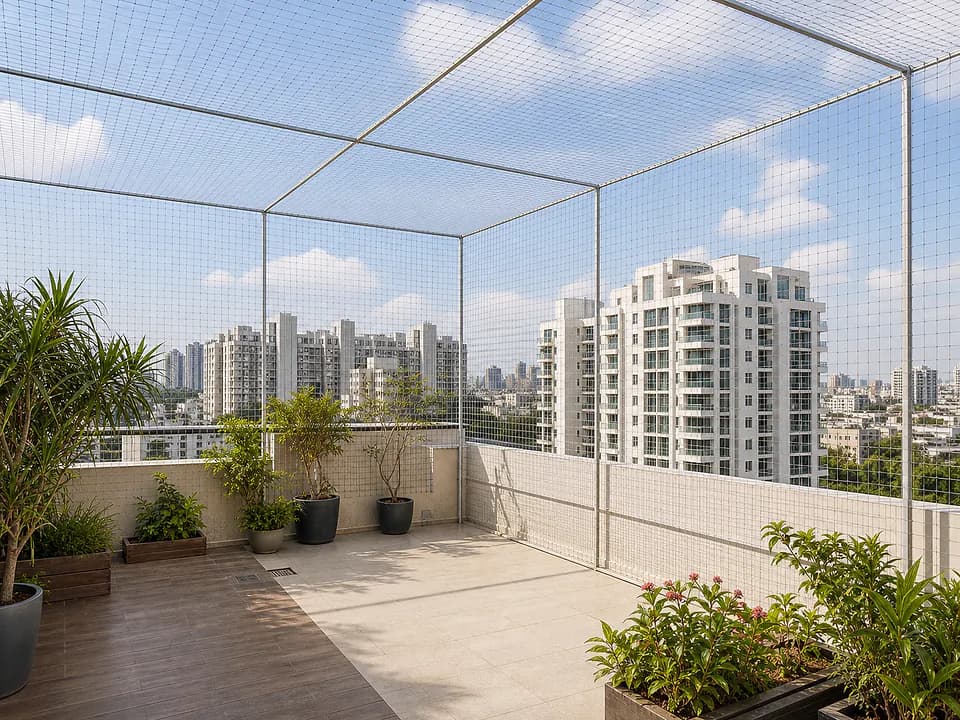 Open terrace protected with overhead and side safety nets