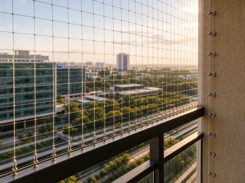 Close-up balcony edge mesh fittings on a premium Brigade Gateway Bangalore apartment balcony