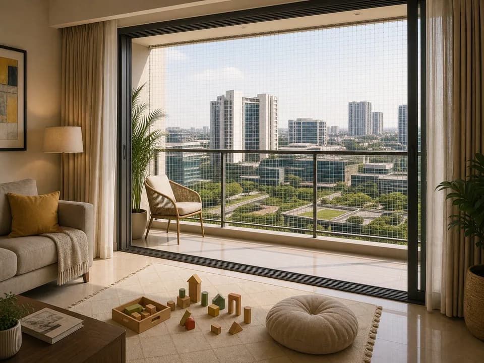 Child-safe balcony mesh viewed from a family living room balcony in Brigade Gateway Bangalore