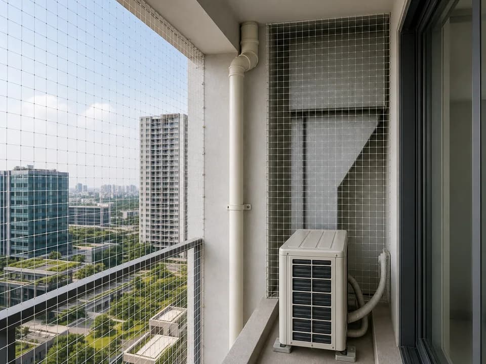 Bird ledge mesh sealing a utility ledge and AC-side opening in Brigade Gateway Bangalore