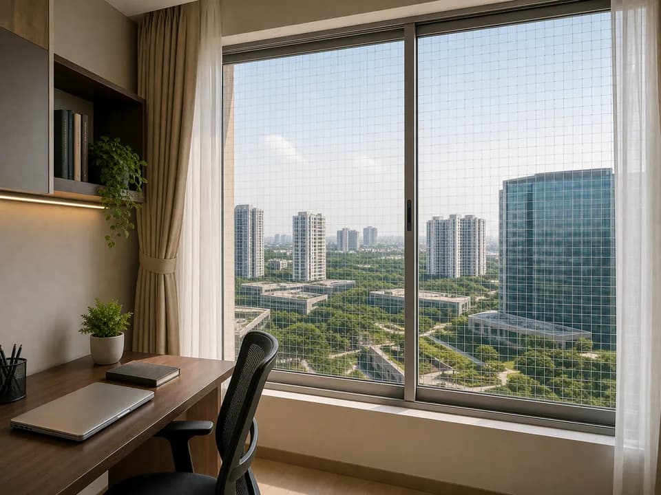 Window-frame mesh fitted behind a study window in Brigade Gateway Bangalore