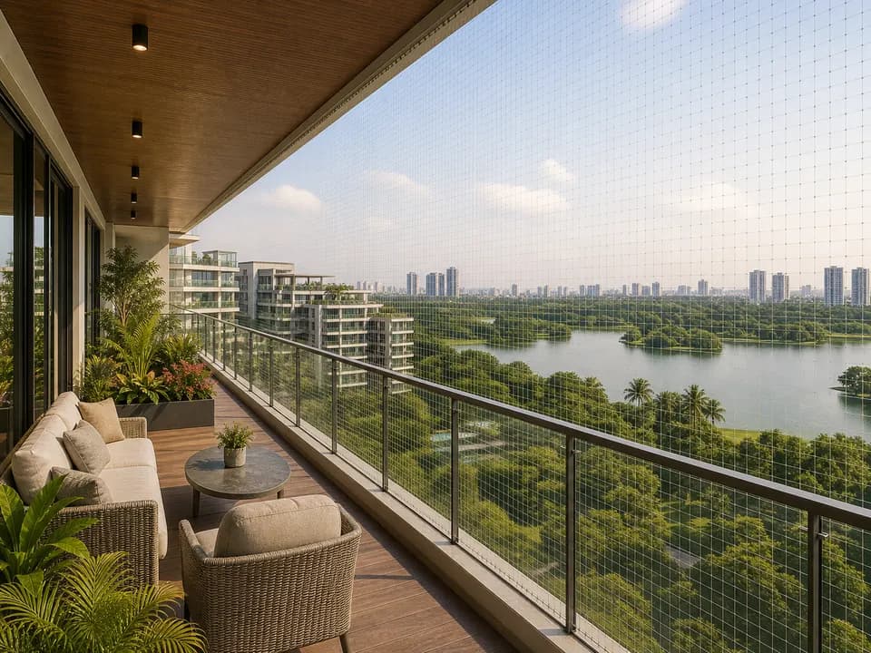 Balcony edge mesh across a wide lake-view sky-villa deck in Embassy Lake Terraces Bangalore