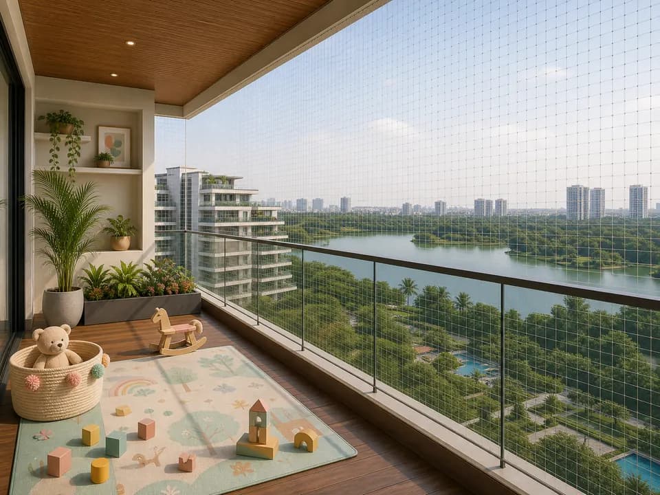 Child-safe balcony mesh on a pastel family deck with lake view in Embassy Lake Terraces Bangalore