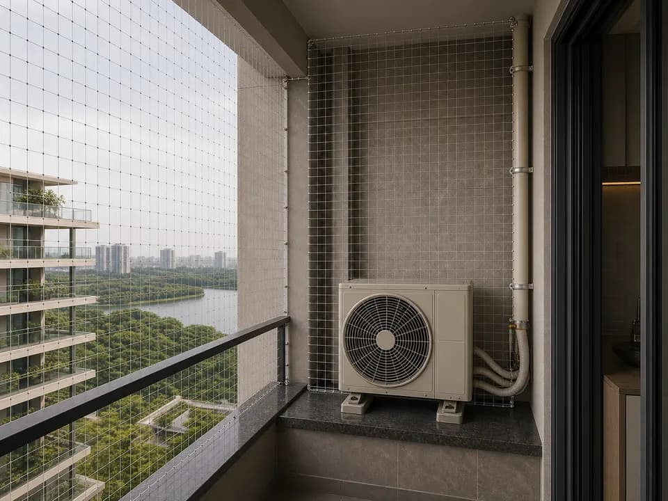 Bird ledge mesh around an AC ledge and service opening in Embassy Lake Terraces Bangalore