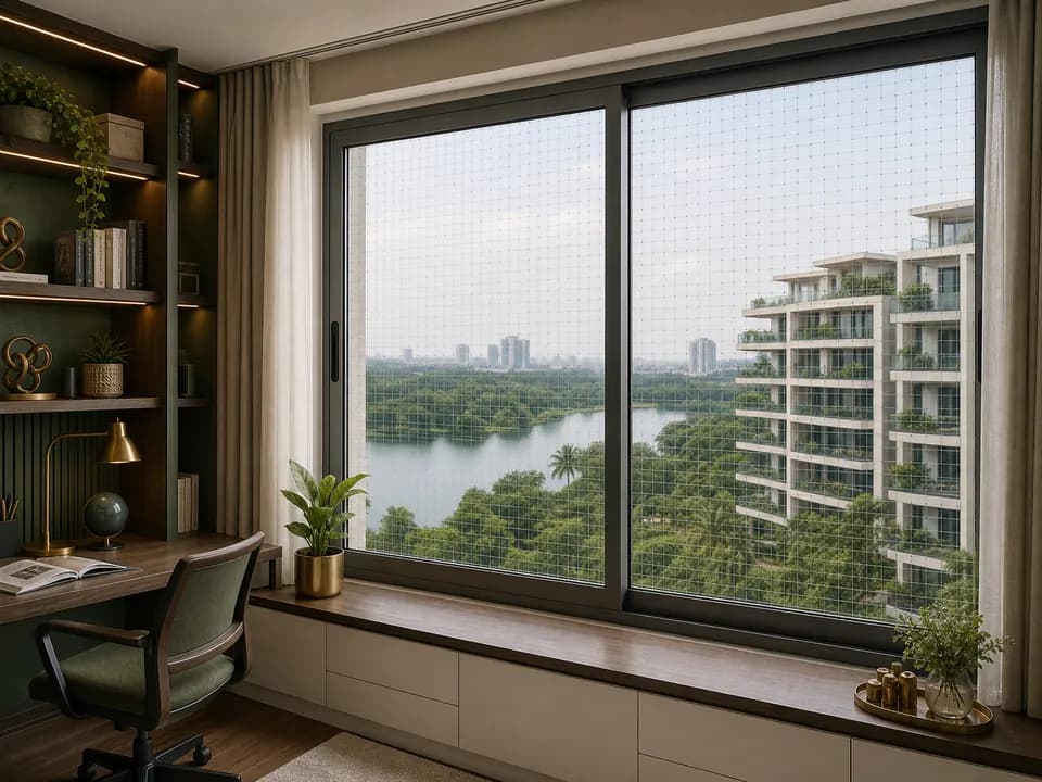 Window-frame mesh inside a luxury study overlooking Embassy Lake Terraces Bangalore