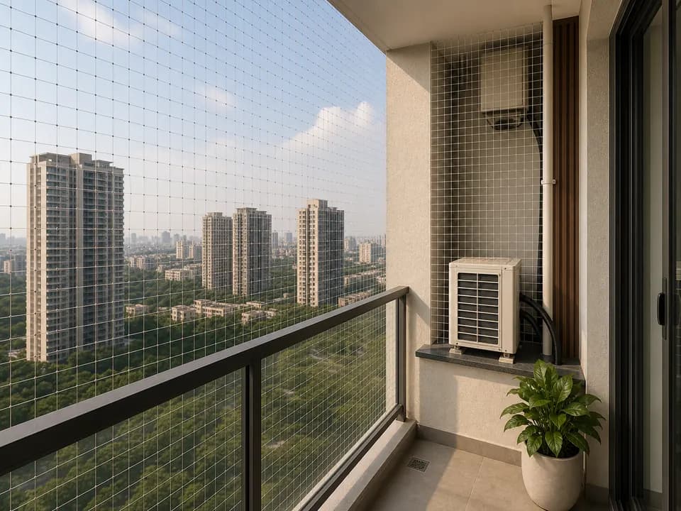Bird ledge mesh covering a balcony and AC-side utility ledge in Phoenix One Bangalore West Bangalore