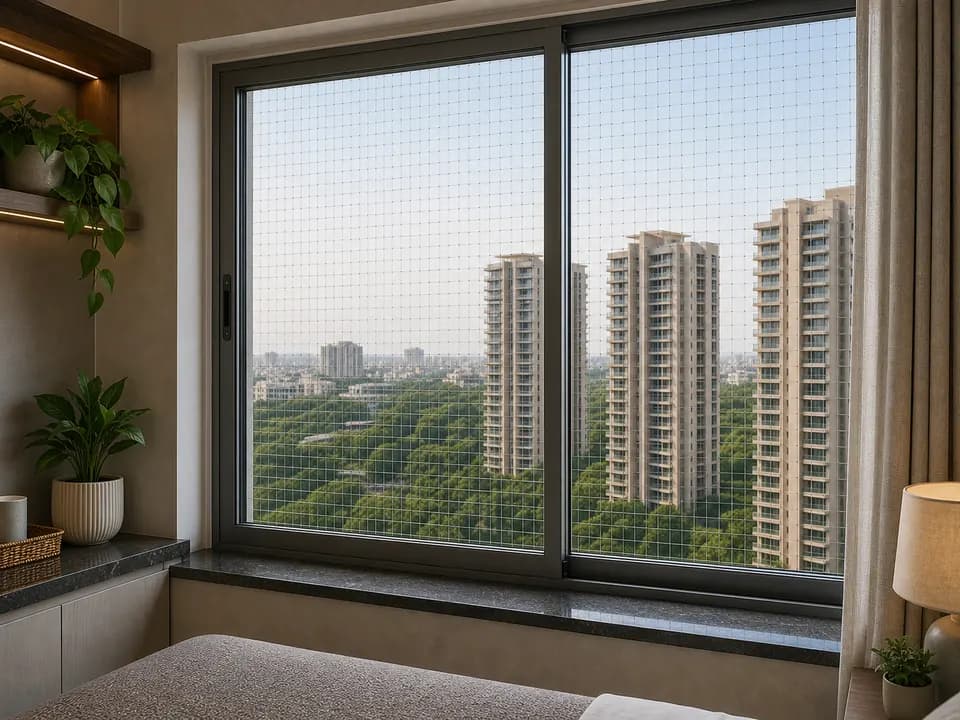 Window-frame mesh fitted inside a premium apartment window in Phoenix One Bangalore West Bangalore