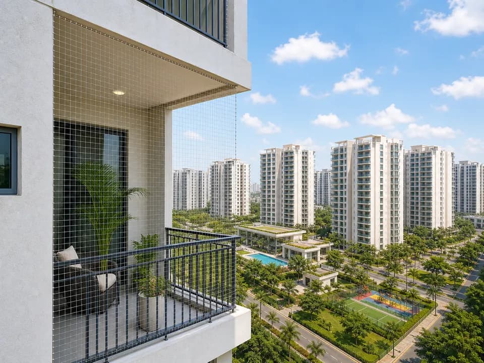 Exterior township balcony edge mesh on a Prestige Falcon City tower in Bangalore